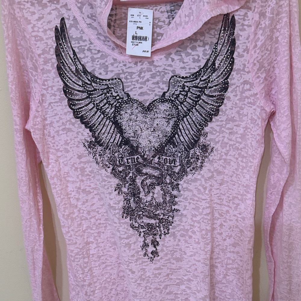 Pink Graphic Long Sleeve Top with Hood casual lightweight Hoodie Summer Hoodie - Picture 4 of 12